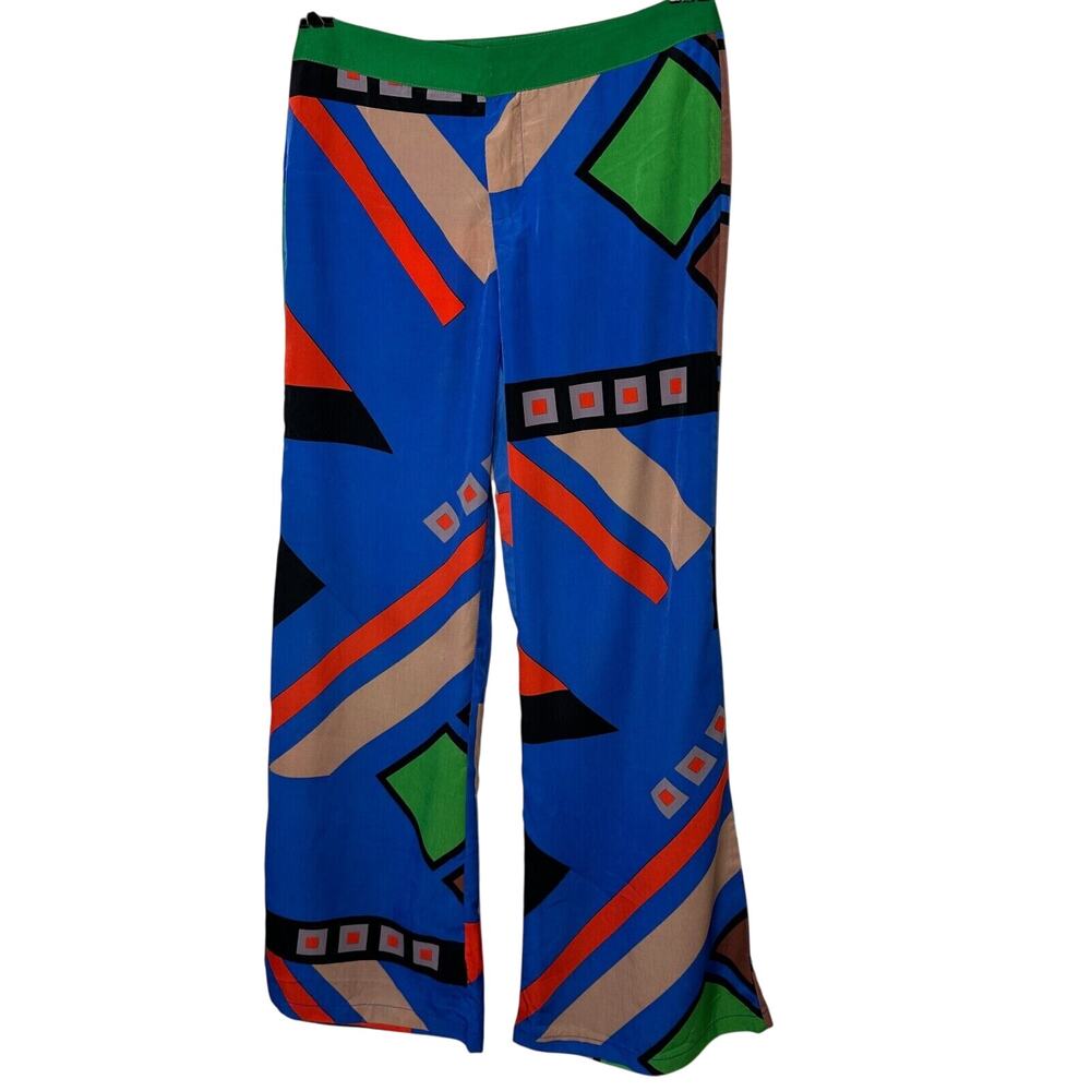 Jealous Tomato Bright Blue Green & Tan Abstract Design Palazzo Pants Front Zip M